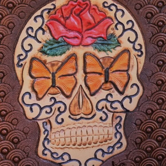Hand Tooled Sugar Skull Carved Leather Pocket Money & Card Holder - Picture 3 of 6